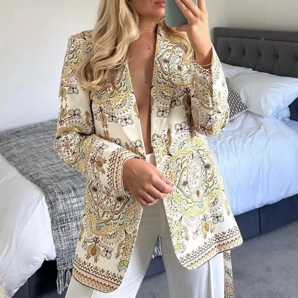 Zara Jackets Coats Zara Women New Printed Linen Blend Blazer - Main Image